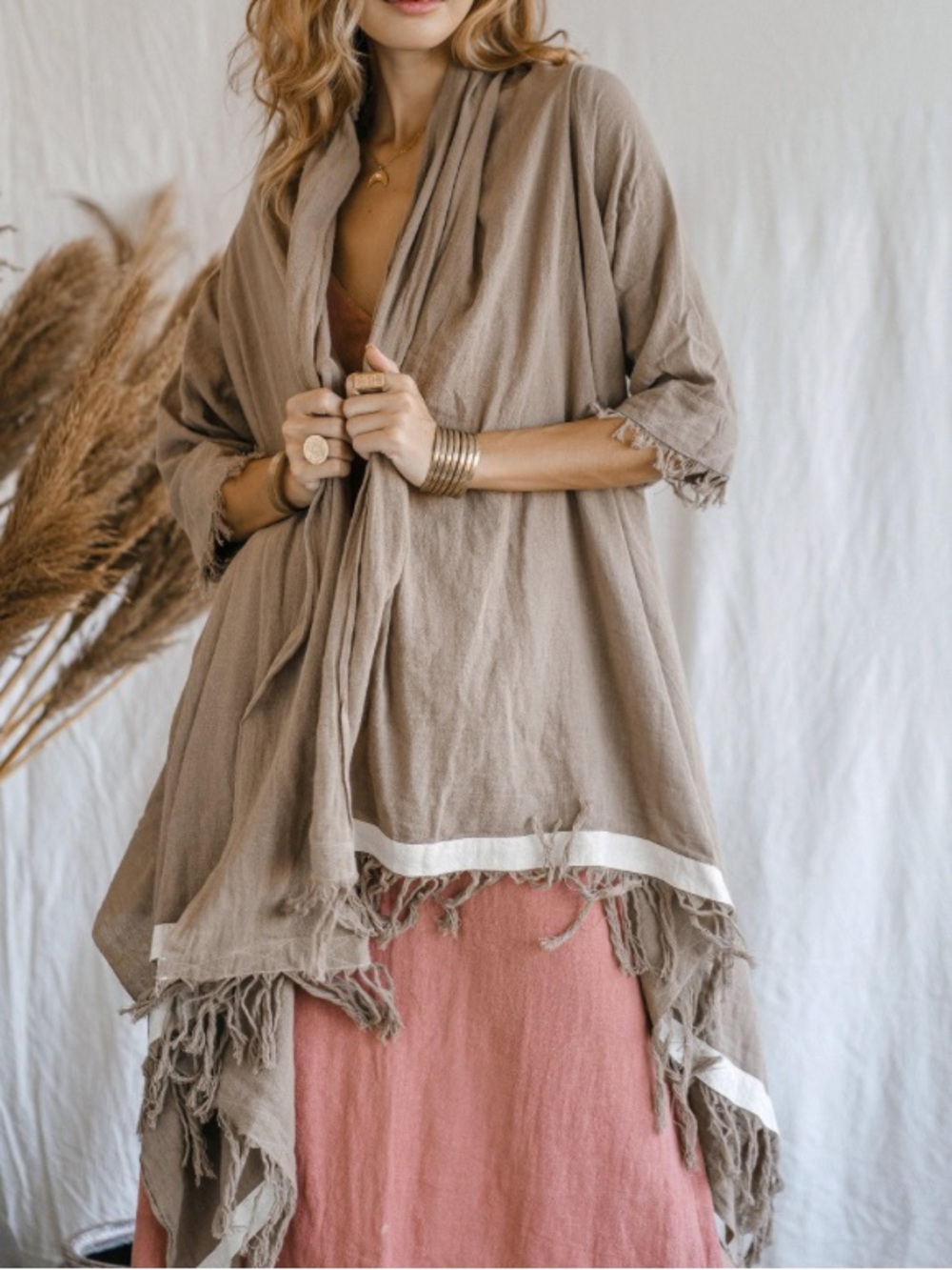 Chintamani Alchemistry Fringed Open-Front Taupe Shawl Cardigan L